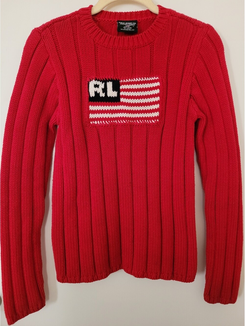 Ralph Lauren Polo Jeans Company Sweater Woman's Med Red RL Flag Chunky Knit Y2K - Picture 3 of 9